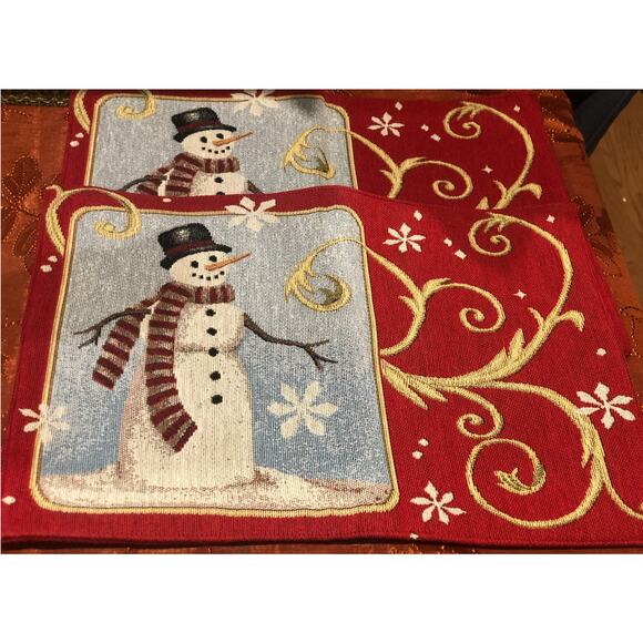 NWOT Set‎ of 2 Reversible Tapestry Christmas Placemats Snowman Wreath Vintage - Picture 1 of 11